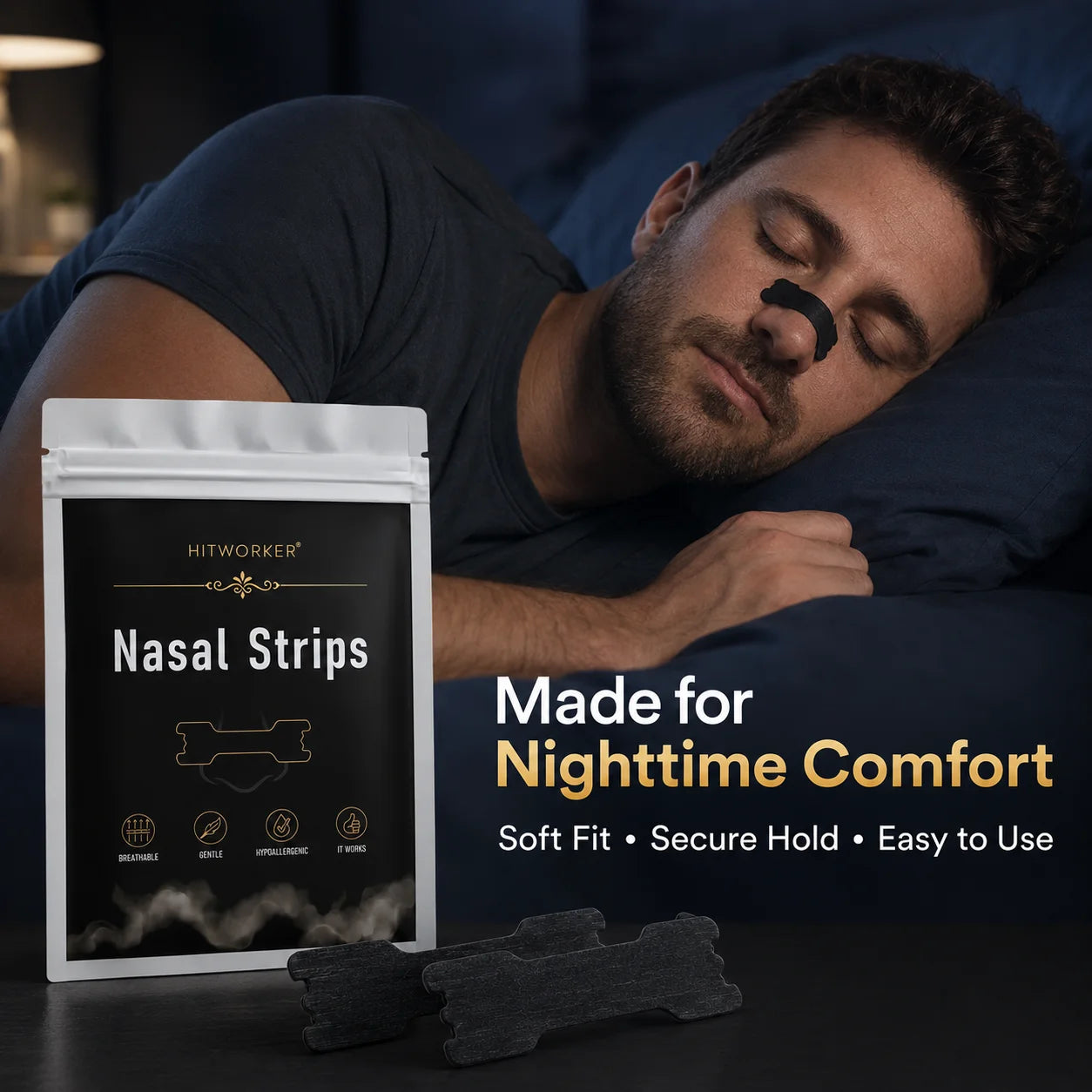 Black Nasal Strips, Comfortable Nose Strips for Easier Breathing, Easy to Apply, Gentle Fit for Night & Daily Use